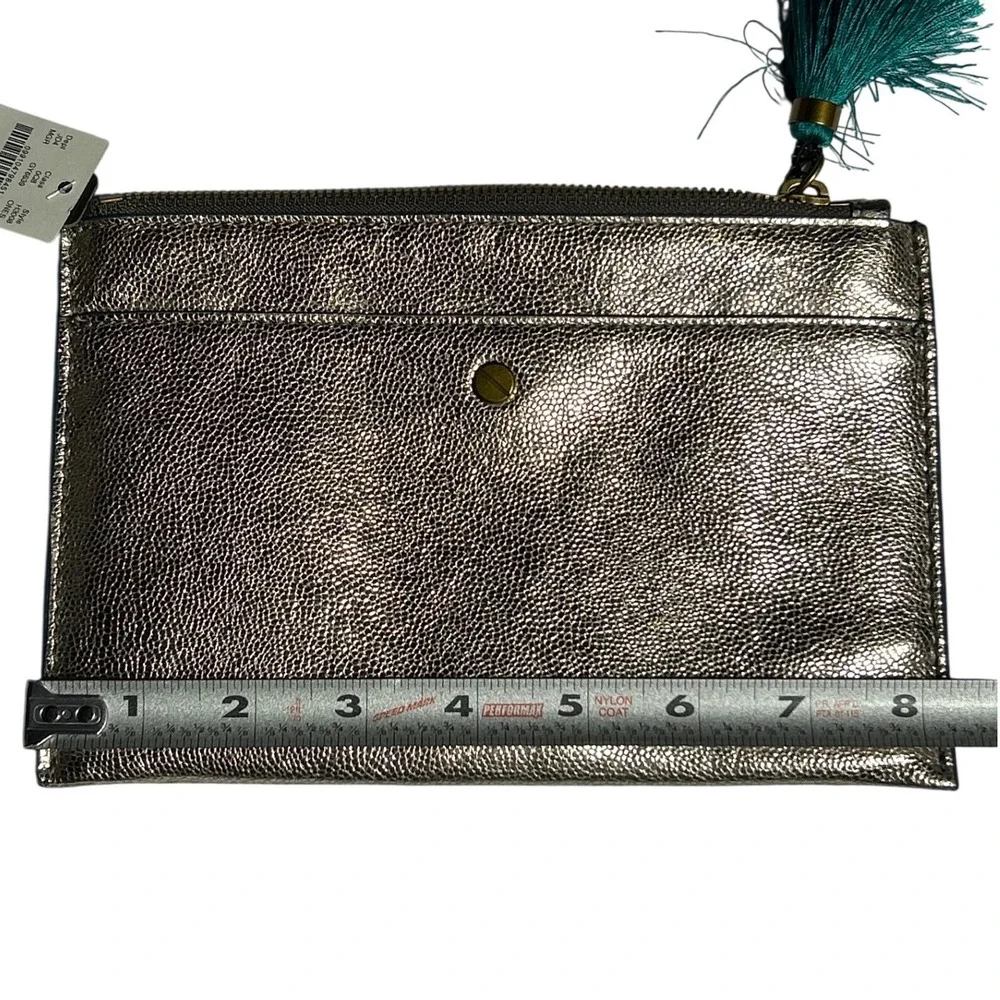 J.Crew Metallic Gold Pebbled Leather Green Tassel Clutch Bag 8.25